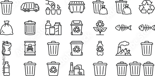 Waste management and recycling line icons set showing trash bins, garbage collection, plastic waste, pollution, eco sustainability, sorting systems and environmental care