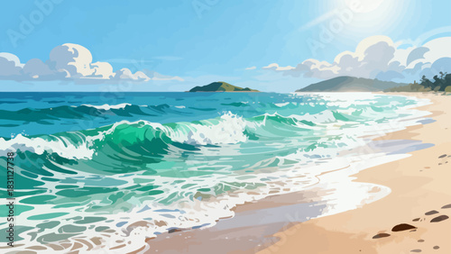 This vibrant illustration depicts a tropical beach scene: turquoise waves crash on golden sand, lined with palm trees, while a sailboat, rainbow, and seagulls fill the bright sky, serene and idyllic