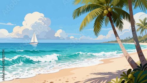 This vibrant illustration depicts a tropical beach scene: turquoise waves crash on golden sand, lined with palm trees, while a sailboat, rainbow, and seagulls fill the bright sky, serene and idyllic