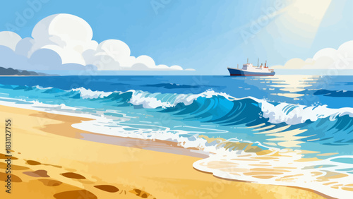 This vibrant illustration depicts a tropical beach scene: turquoise waves crash on golden sand, lined with palm trees, while a sailboat, rainbow, and seagulls fill the bright sky, serene and idyllic