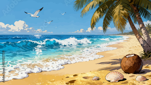 This vibrant illustration depicts a tropical beach scene: turquoise waves crash on golden sand, lined with palm trees, while a sailboat, rainbow, and seagulls fill the bright sky, serene and idyllic