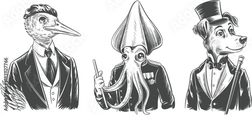 Anthropomorphic Animals Engraving Vector Set, Bird, Squid, Dog in Suit, Vintage Gentleman Portraits, Steampunk Victorian Formal Fashion Illustration