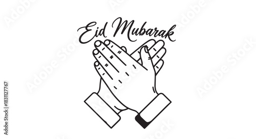 Eid Mubarak greeting with clasped hands design featuring script text and celebratory illustration.