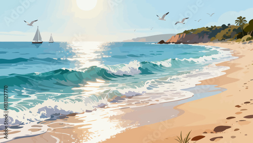 This vibrant illustration depicts a tropical beach scene: turquoise waves crash on golden sand, lined with palm trees, while a sailboat, rainbow, and seagulls fill the bright sky, serene and idyllic