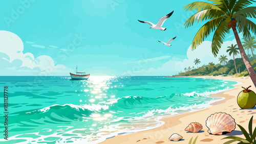 This vibrant illustration depicts a tropical beach scene: turquoise waves crash on golden sand, lined with palm trees, while a sailboat, rainbow, and seagulls fill the bright sky, serene and idyllic
