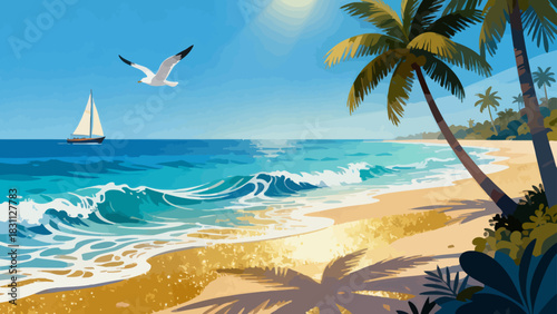 This vibrant illustration depicts a tropical beach scene: turquoise waves crash on golden sand, lined with palm trees, while a sailboat, rainbow, and seagulls fill the bright sky, serene and idyllic