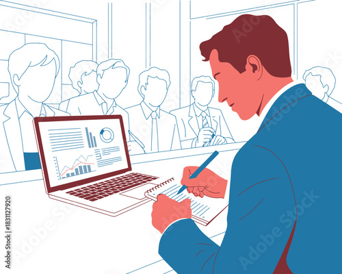 A man in a suit takes notes in front of a laptop displaying financial charts.