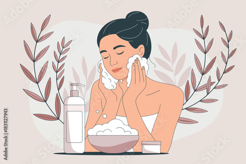 A woman is washing her face with foam in front of skincare products.