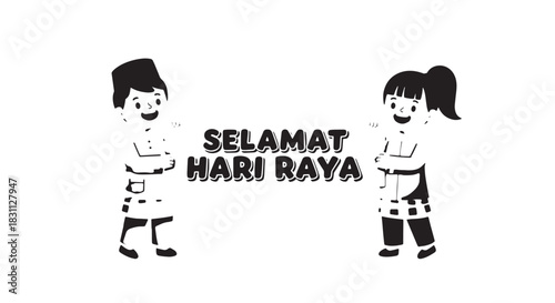 Two cartoon children in traditional attire greet Hari Raya with a festive banner and smiling faces.