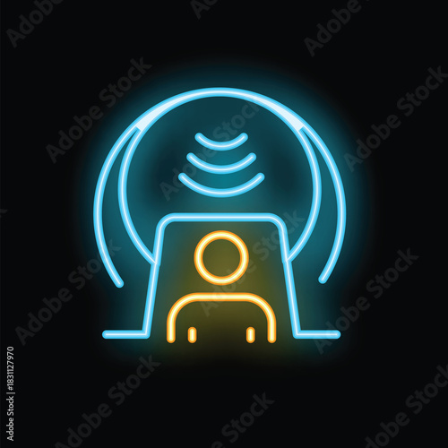 Neon sign of a person standing under a scanner emitting radio waves
