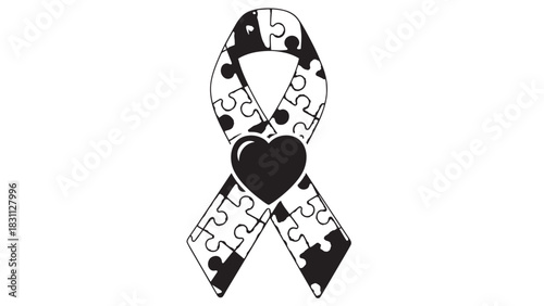 Autism awareness ribbon crafted from interlocking puzzle pieces forming a heart.
