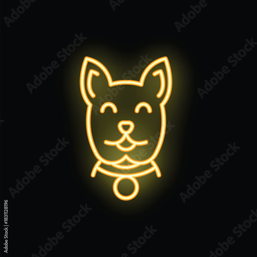 Minimalist drawing of a dog face with a collar and tag glowing on a black background