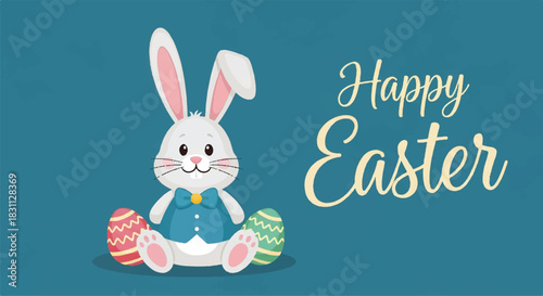 Cute Easter Bunny with Decorated Eggs and Happy Easter Text.