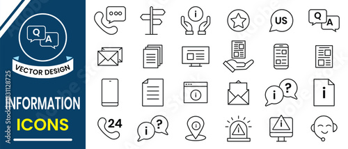 Information icons vector set. Line icon of information symbol, , speech, answer, book, help, inform, support, news, about us, direction, call, mail. Vector illustration.