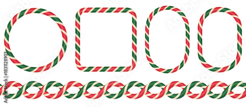 Candy Cane Border Set with Square, Circle and Oval Christmas Frames in Red and White Striped Lollipop Pattern Brush Style for Festive Holiday Vector Design