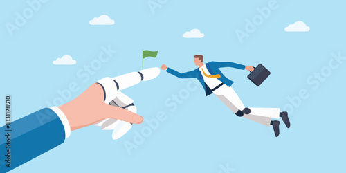 Robot hand guides businessman towards success and goal achievement