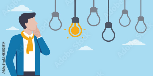 Man thinking with one glowing lightbulb among unlit bulbs