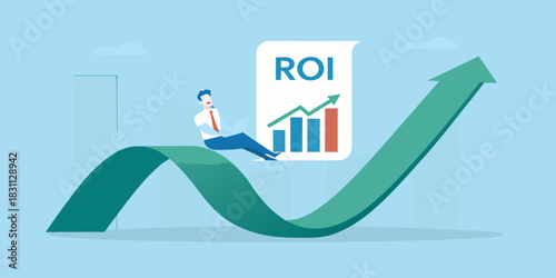 Businessman sitting on upward trending graph with roi chart on laptop