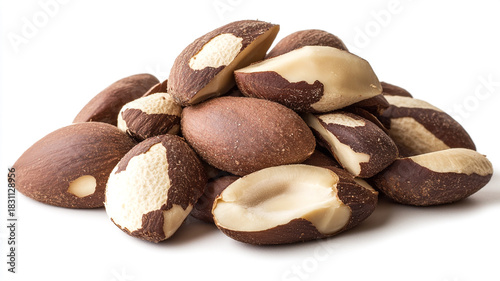 Pile of shelled and unshelled Brazil nuts showing their distinctive white and brown coloring, isolated on white.