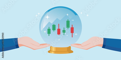 Crystal ball showing stock market candlestick chart held by hands