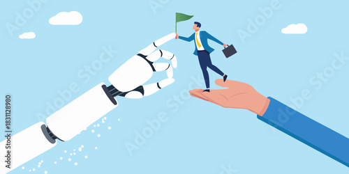 Robot hand helps businessman reach goal with human support