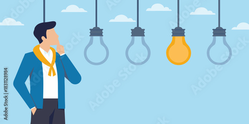 Man thinking about a bright idea among many unlit light bulbs
