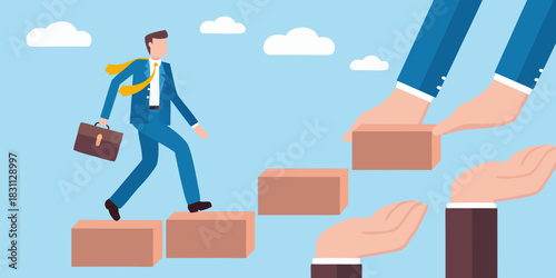 Businessman climbing stairs built by helping hands symbolizing support and career growth
