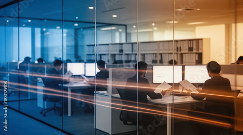 A modern office interior with employees working at desks behind glass partitions, illuminated by blue and orange lighting and streaks of light, captured as a professional stock photo.