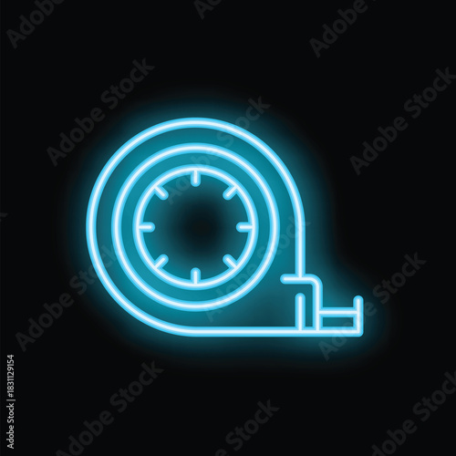 Blue neon icon of a measuring tape glowing on black background