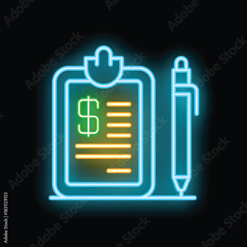 Glowing neon icon of a clipboard, representing an invoice with a dollar sign and a pen, symbolizing billing