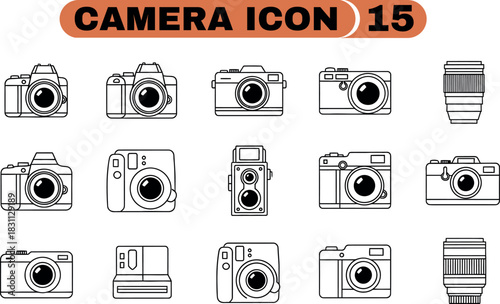 Set of camera icons vintage modern and lens designs in black and white