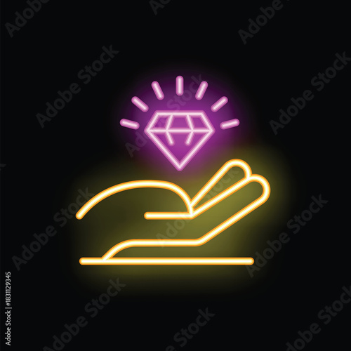 Neon sign of a hand holding a shining brilliant diamond, a symbol of luxury, wealth, and success