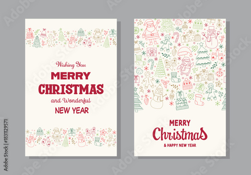 Cute Christmas greeting cards set with hand drawn ornaments. Vector illustration
