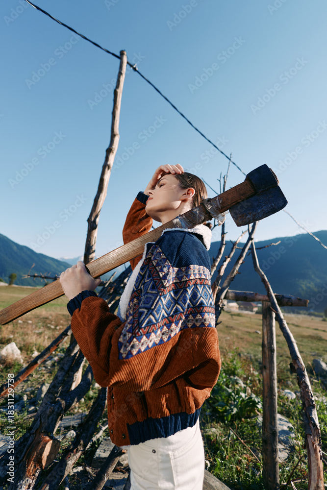 Fototapeta premium woman with axe on shoulder in countryside mountains wearing patterned sweater outdoors by rustic fence, portrait of young female in sunny autumn field for rural lifestyle and manual work