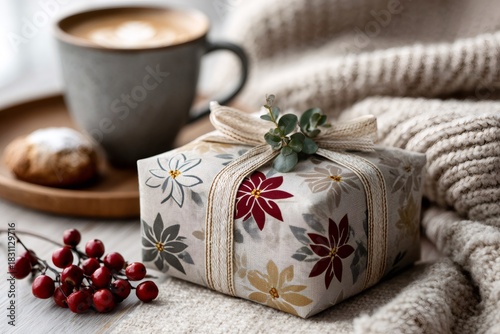 Christmas gift and coffee creating cozy winter atmosphere
