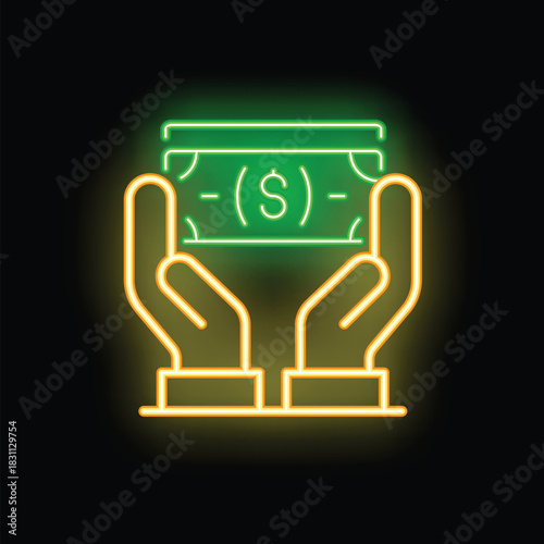 Neon sign illustrating a businessman holding a stack of money, symbolizing wealth, success, and financial security