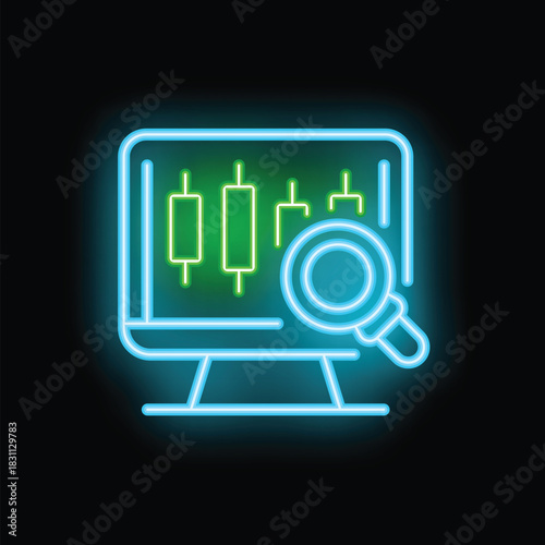 Vibrant neon icon depicting a magnifying glass examining financial charts displayed on a computer screen, symbolizing market analysis