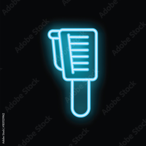 Blue neon sign of a pet brush glowing on a black background