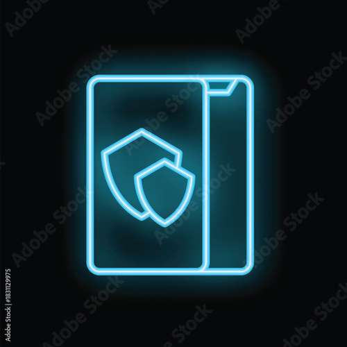 Free Download Glowing neon icon of a mobile phone displaying a security shield, representing the concept of data protection in the digital age - GFXLoad