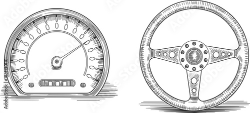 Vintage Car Speedometer and Steering Wheel Engraving Vector, Retro Automotive Dashboard Sketch, Racing Parts Illustration, Old Transport Graphic Element