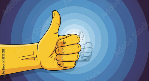 Yellow hand giving thumbs up gesture against blue background.