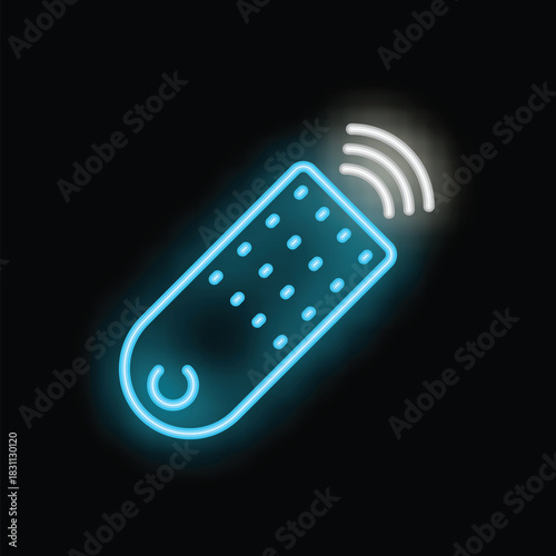 Blue neon remote control transmitting signal on black background