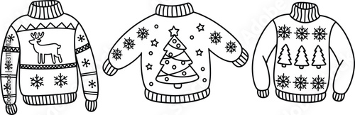 Ugly Christmas Sweaters Vector Outline Set, Holiday Line Art Illustration, Reindeer, Christmas Tree, Snowflake, Festive Winter Apparel Black and White