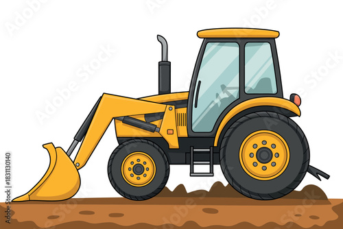 A yellow backhoe loader is shown working on a construction site.
