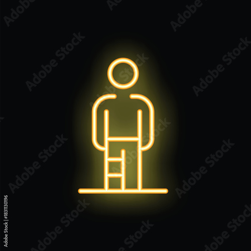 Bright yellow neon sign showing a man wearing a leg brace, perhaps indicating a medical office or representing injury recovery