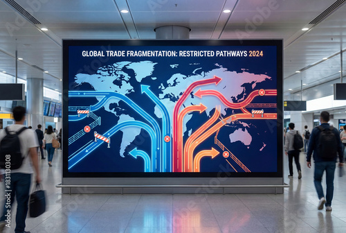 Global trade fragmentation map showing restricted pathways with diverging blue and red arrows, illustrating complex international shipping routes and barriers in 2024