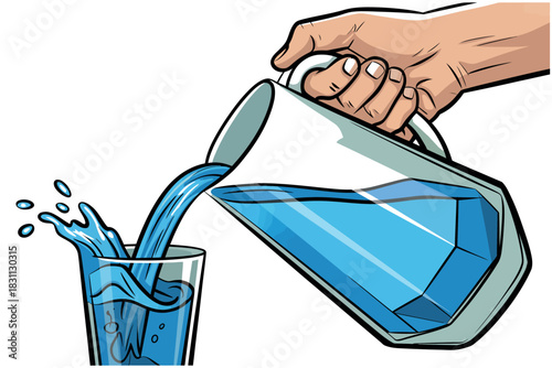 A hand pours cool, clear water from a pitcher into a glass with a splash.