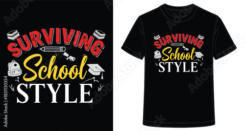 Surviving School Style T Shirt Design for Students with Backpack and Graduation Cap Graphic