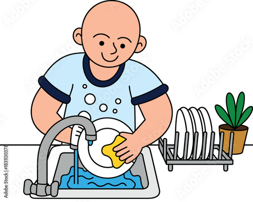 A person is washing dishes at the kitchen sink with a sponge and running water.