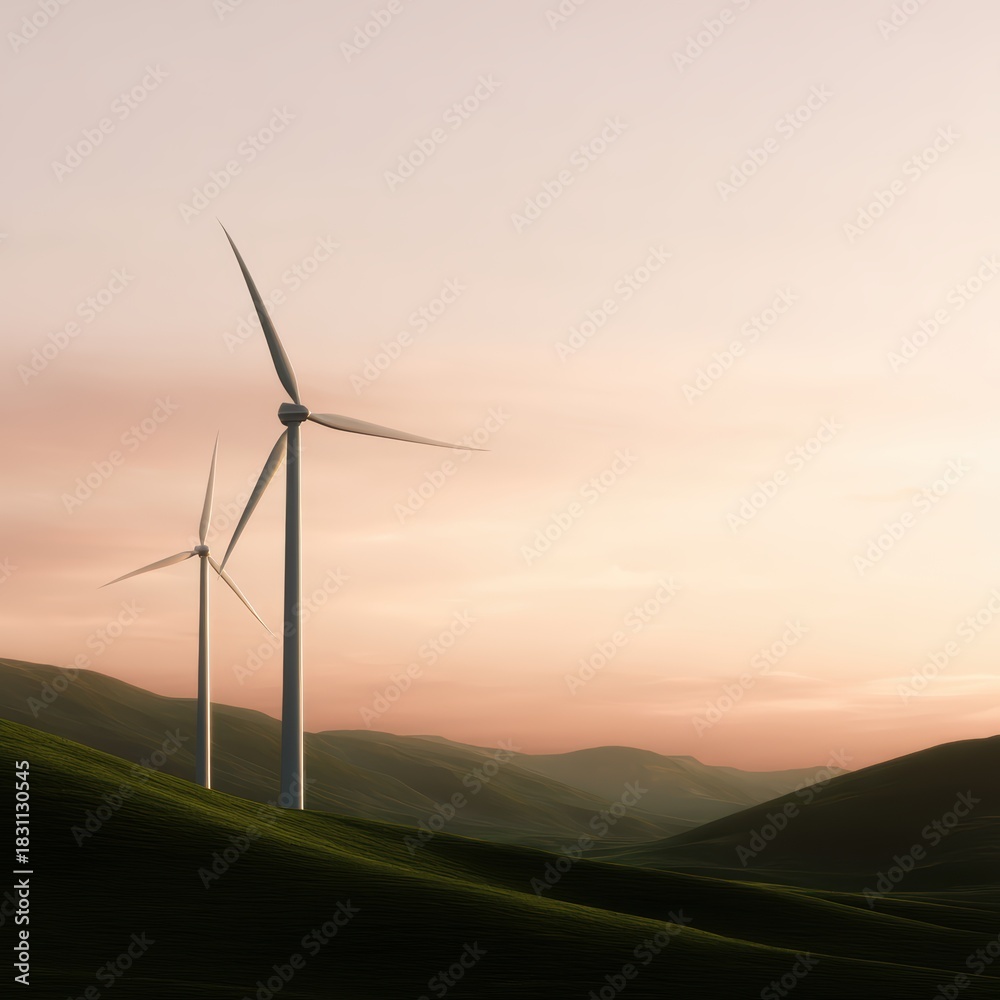 Obraz premium Sustainable green energy wind turbines on hill during sunset, soft shadows
